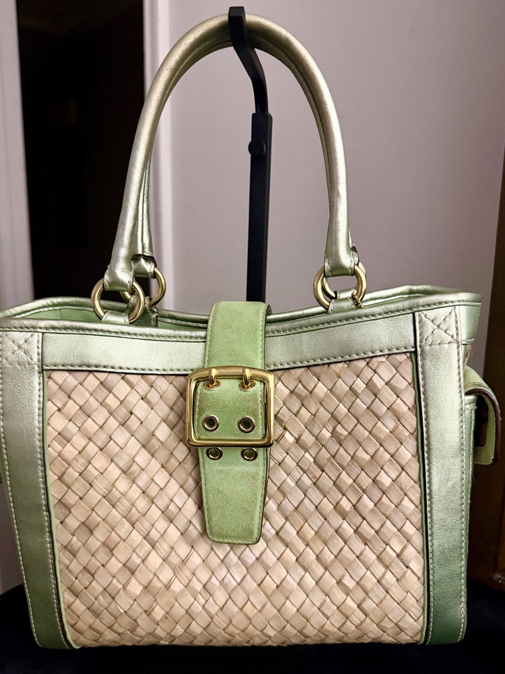 Coach Metallic Sage and Natural Woven Satchel